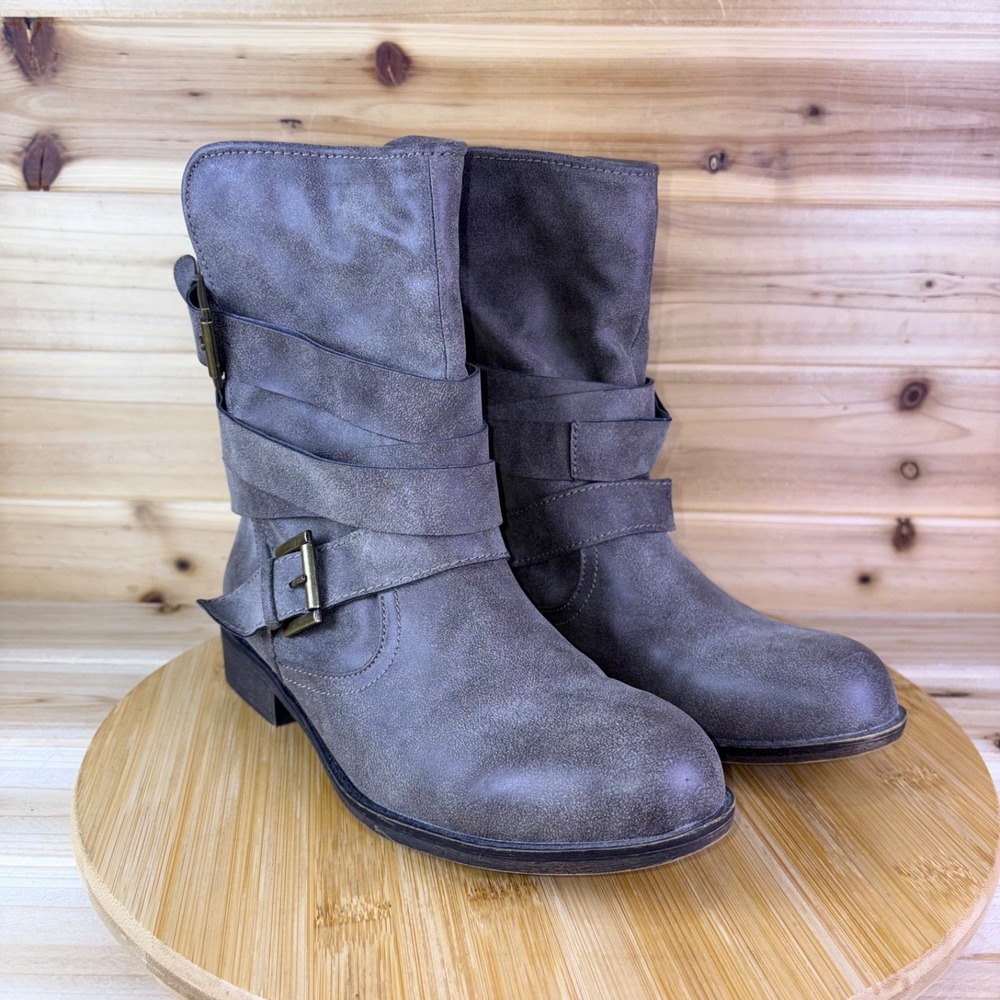 Madden Girl Boots Womens 7.5M Weathered Gray Cullenn Heeled Pull On Belted Boots